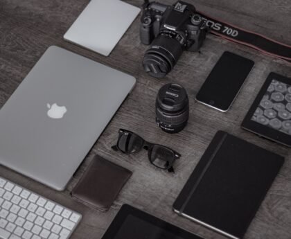 Organized tech accessories flat lay for travel cable guides