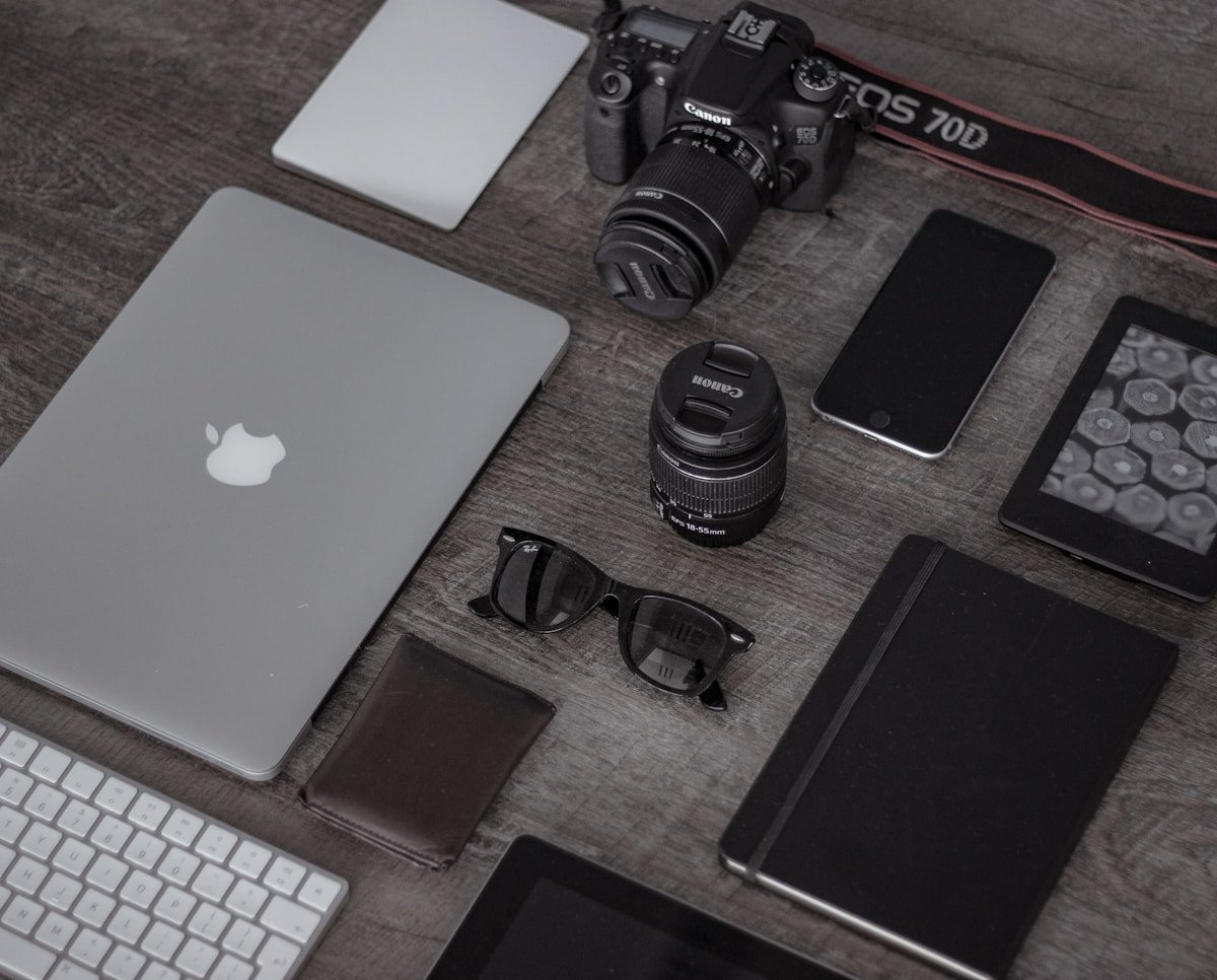 Organized tech accessories flat lay for travel cable guides